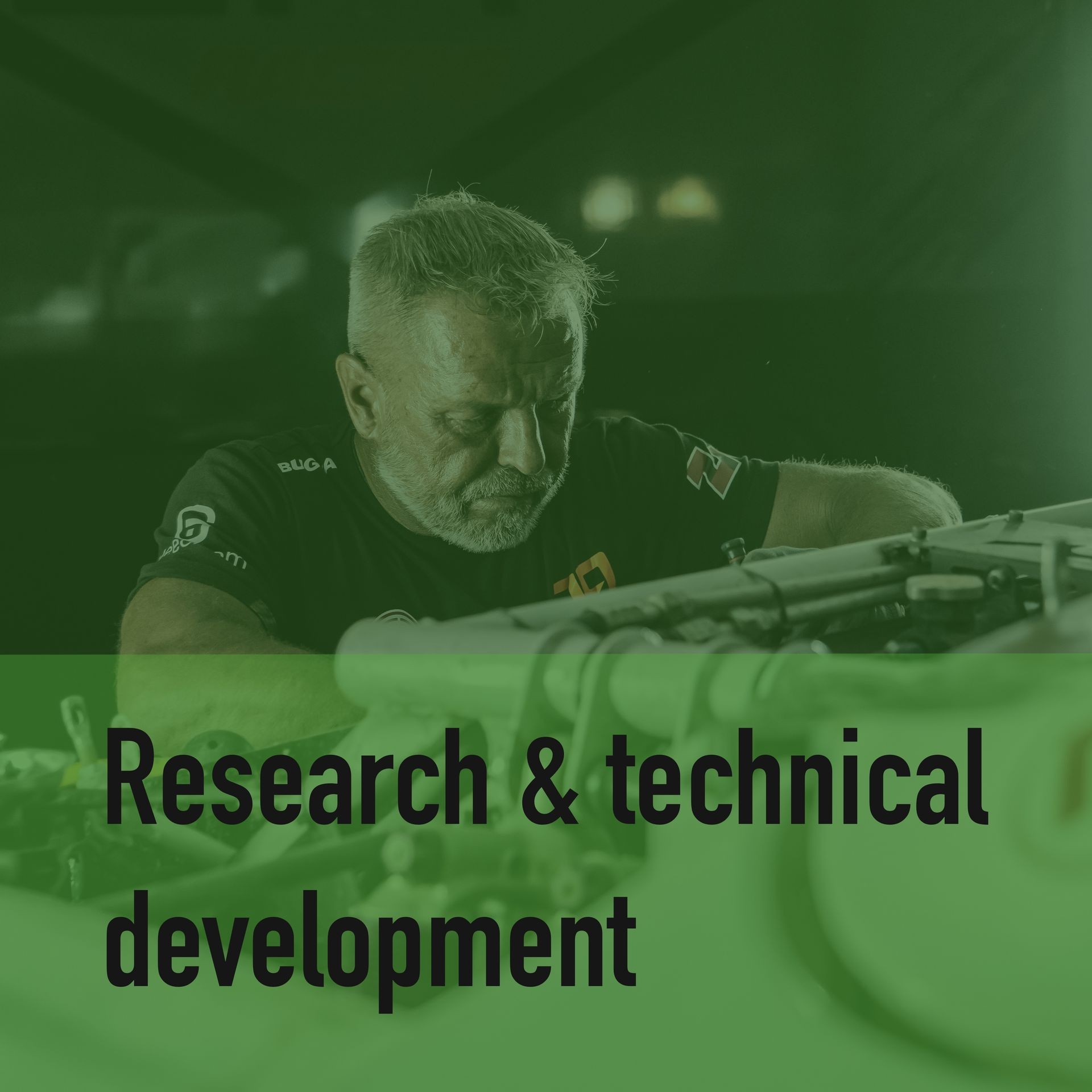 Man working on mechanical equipment with green overlay and text 'Research & technical development'.